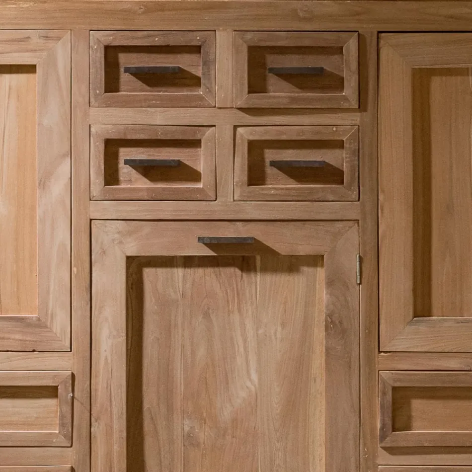 Aparador de teca maciza con 3 puertas y 8 cajones - Quan Viadurini