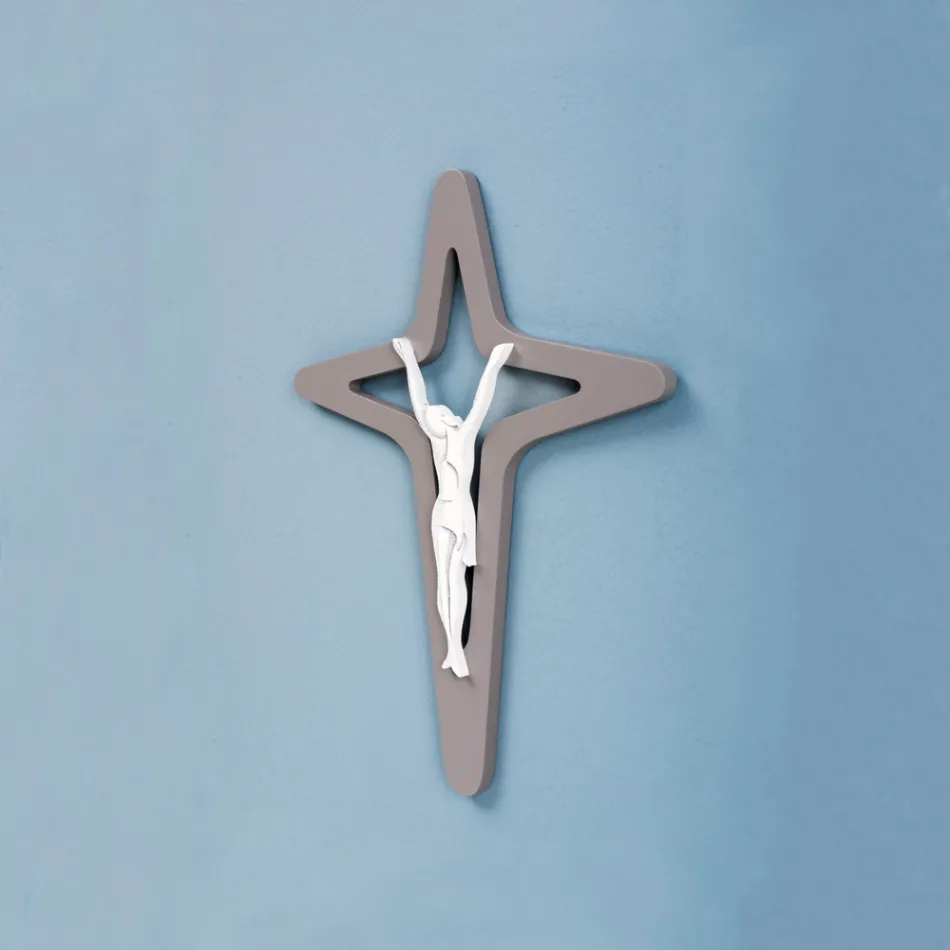 Crucifijo Christo blanco y gris grabado con láser Made in Italy - Teresa Viadurini