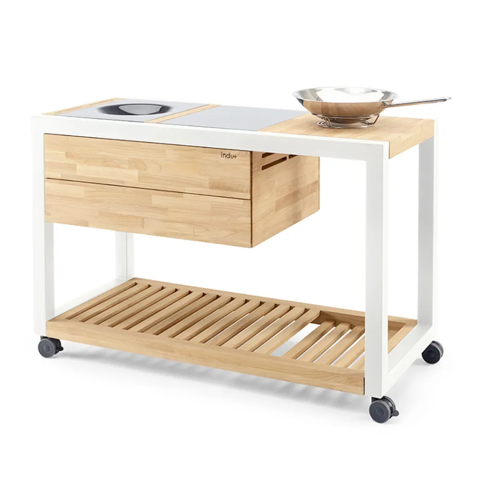 Cocina de exterior 140x65x93 cm de teca maciza y aluminio - Convivial Viadurini