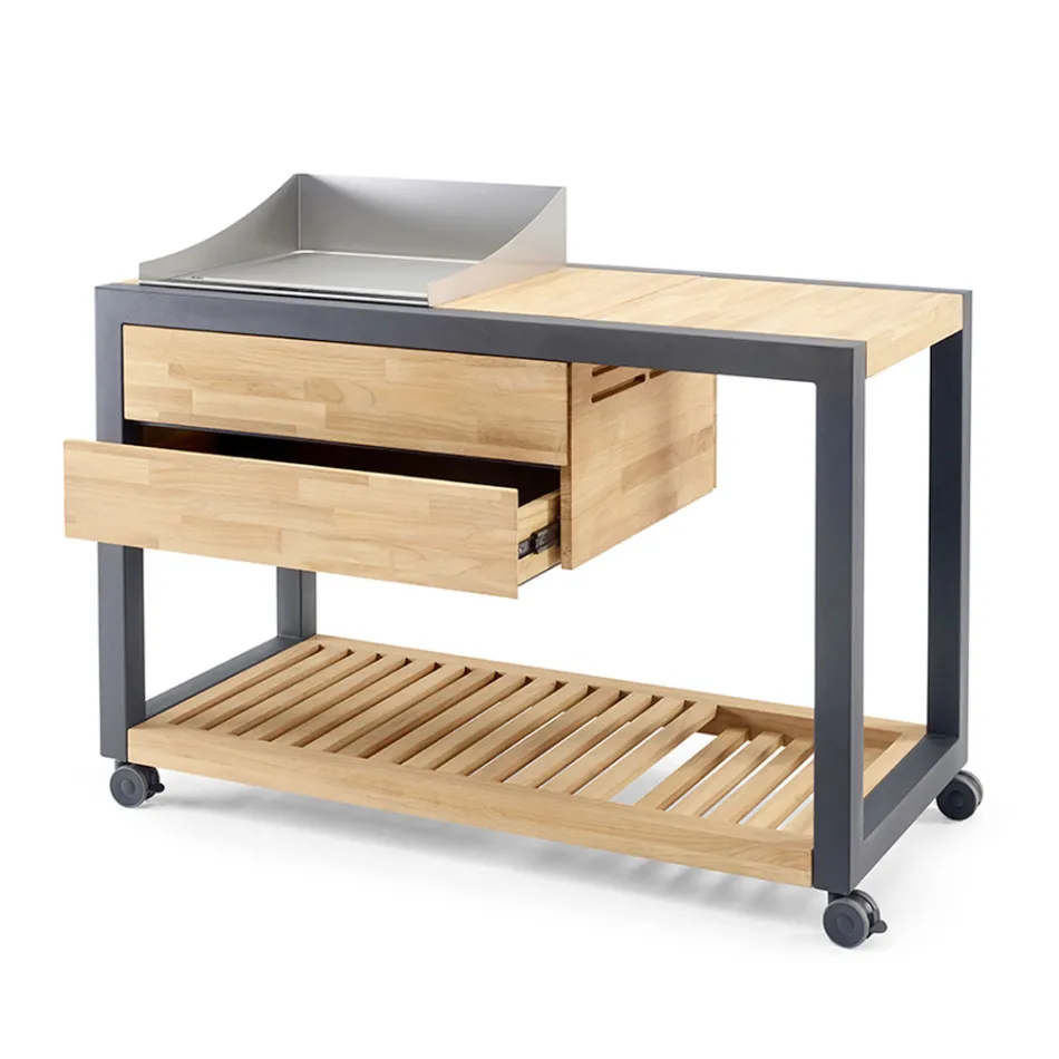 Cocina de exterior 140x65x93 cm de teca maciza y aluminio - Convivial Viadurini