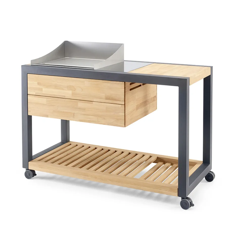 Cocina de exterior 140x65x93 cm de teca maciza y aluminio - Convivial Viadurini