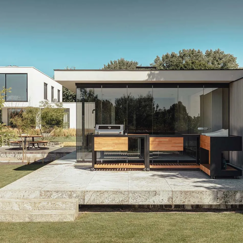 Cocina de exterior 140x65x93 cm de teca maciza y aluminio - Convivial Viadurini