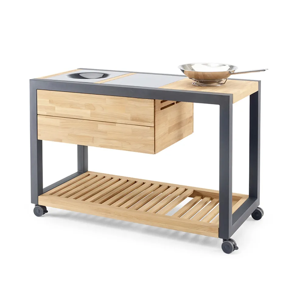 Cocina de exterior 140x65x93 cm de teca maciza y aluminio - Convivial Viadurini