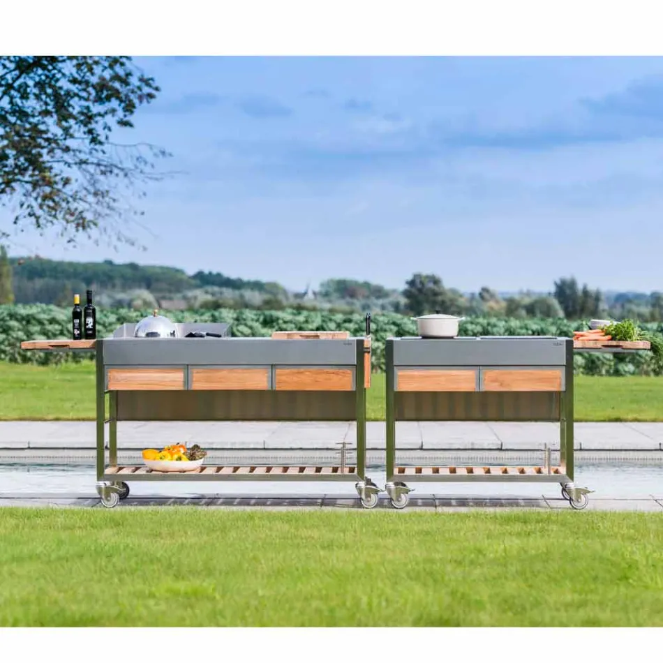 Cocina moderna de jardín al aire libre sobre ruedas de madera y acero - Buoncalliope Viadurini