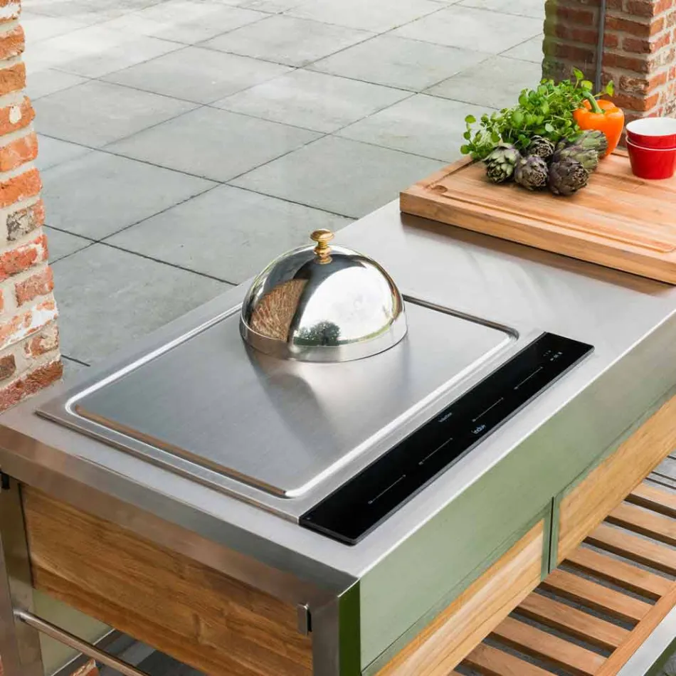 Cocina moderna de jardín al aire libre sobre ruedas de madera y acero - Buoncalliope Viadurini