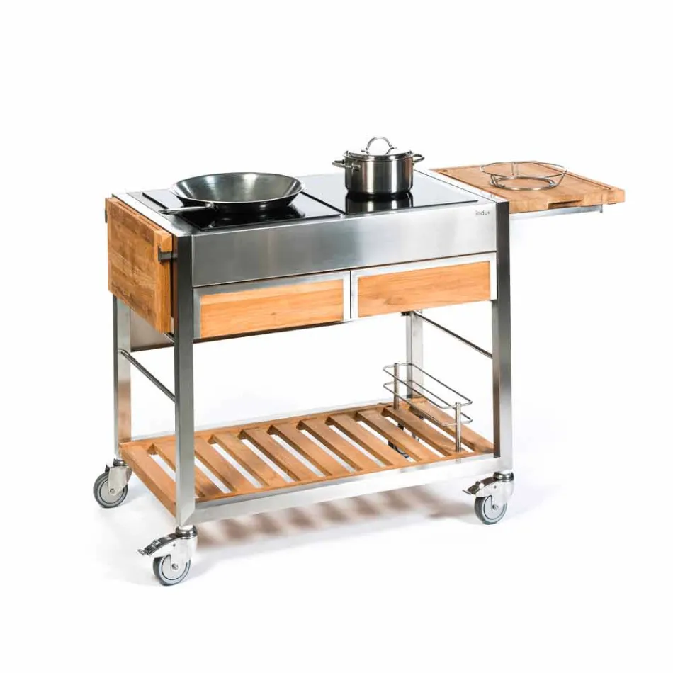 Cocina moderna de jardín al aire libre sobre ruedas de madera y acero - Buoncalliope Viadurini