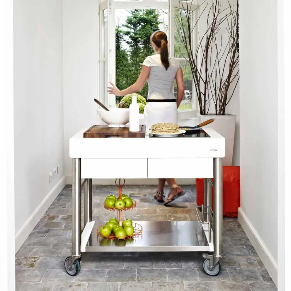 Cocina moderna sobre ruedas para jardín exterior en madera y acero - Calliope Viadurini