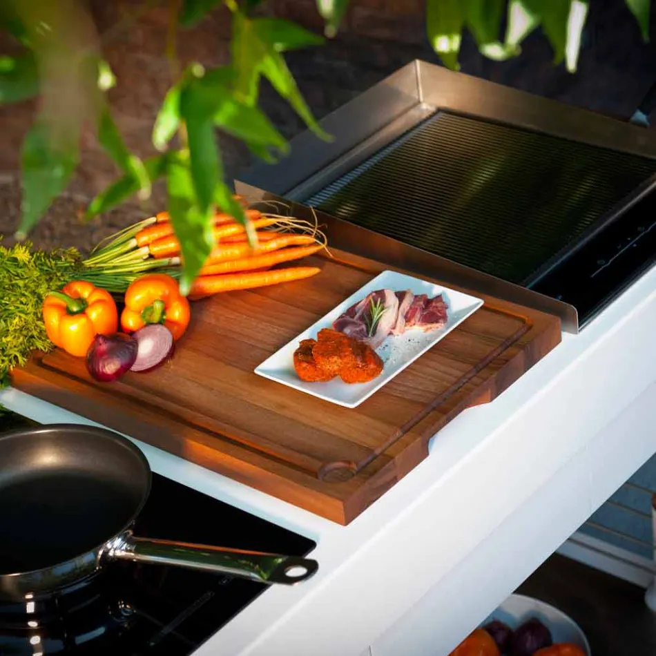 Cocina moderna sobre ruedas para jardín exterior en madera y acero - Calliope Viadurini