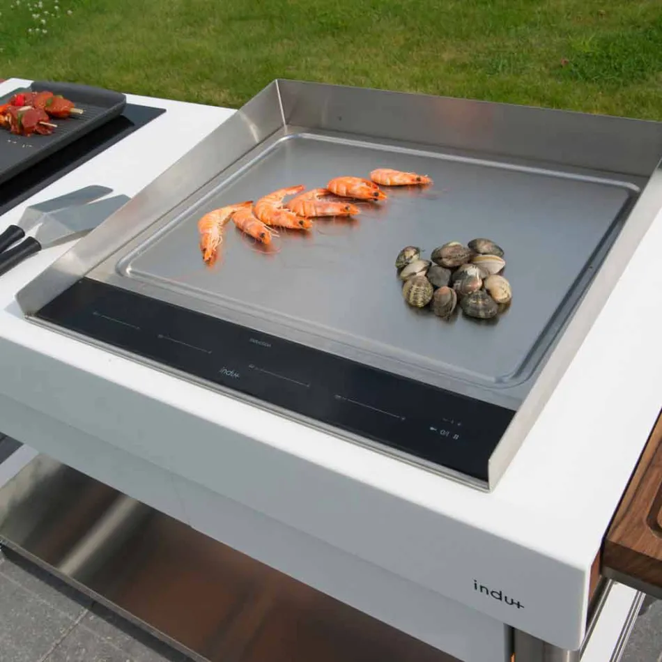 Cocina moderna sobre ruedas para jardín exterior en madera y acero - Calliope Viadurini