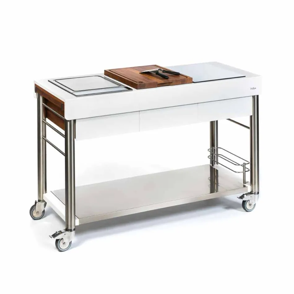 Cocina moderna sobre ruedas para jardín exterior en madera y acero - Calliope Viadurini