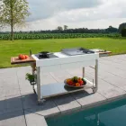 Cocina moderna sobre ruedas para jardín exterior en madera y acero - Calliope Viadurini