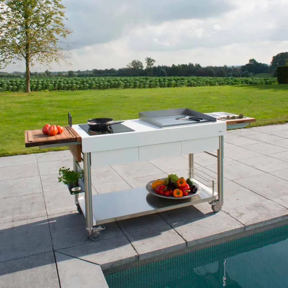 Cocina moderna sobre ruedas para jardín exterior en madera y acero - Calliope Viadurini