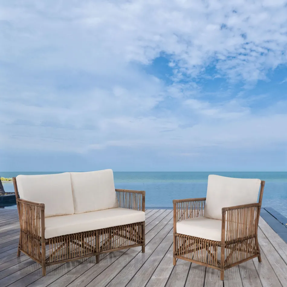 Sofá de 2 plazas para exterior e interior en ratán y cojines 100% algodón - Boire Viadurini