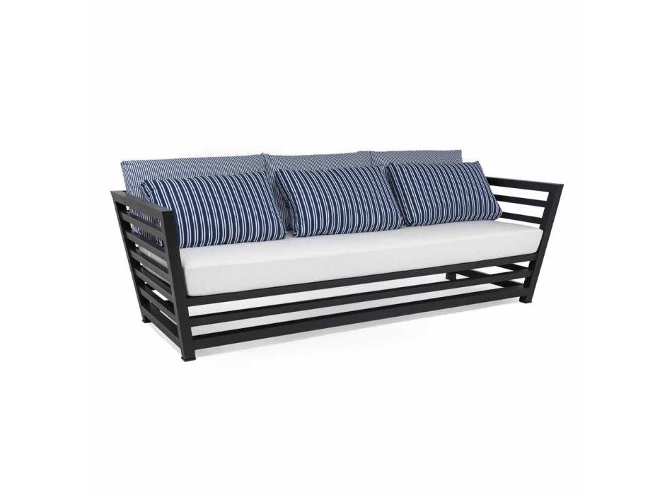 Sofá de exterior de 3 plazas en aluminio blanco o negro y cojines azules - Cynthia Viadurini
