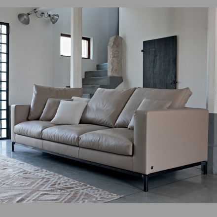 Sofá de salón de 3 plazas en cuero, madera y metal Made in Italy - Bizzarro Viadurini