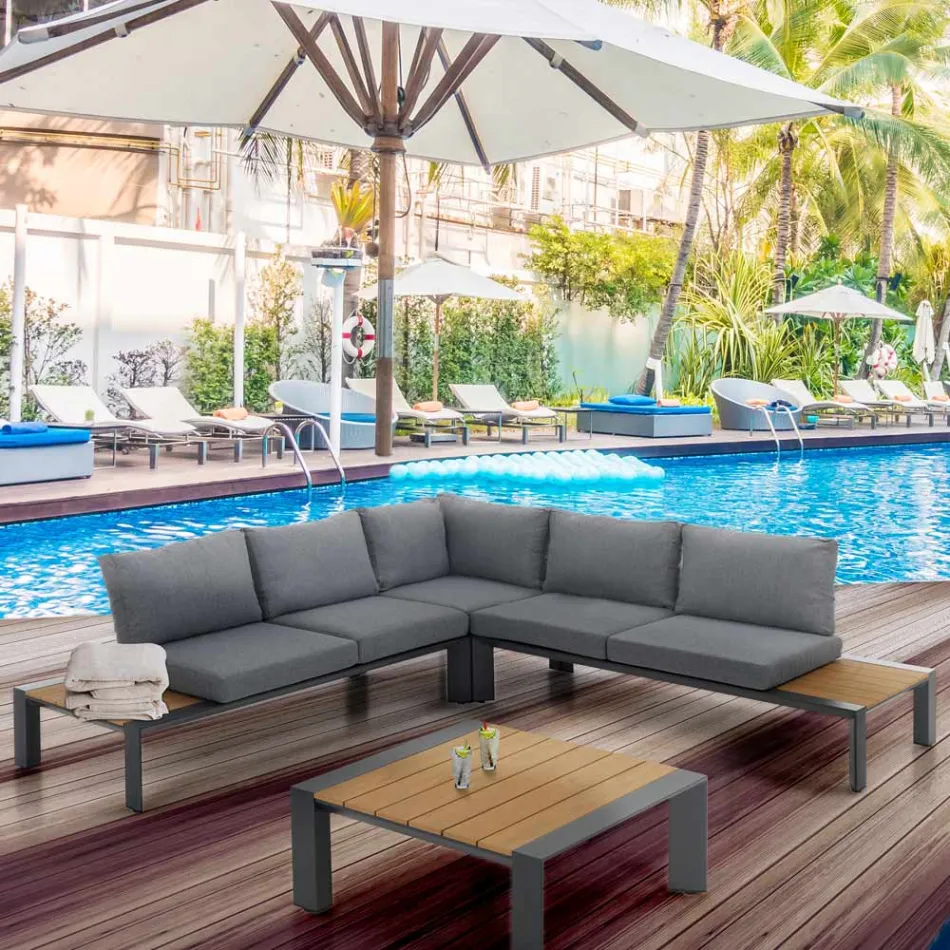 Sofá esquinero con mesa de centro para exterior e interior en aluminio - Mettre Viadurini