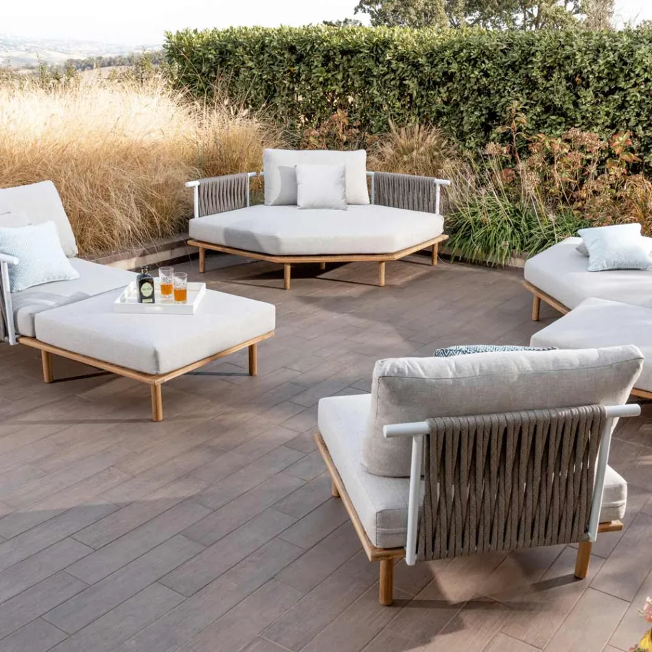 Sofá esquinero de jardín hexagonal en teca y cuerda - Bellatrix Viadurini