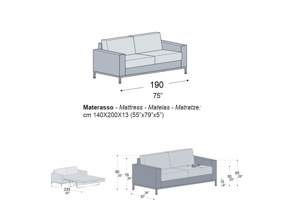 Sofá con apertura cama en metal y poliuretano Made in Italy - Folle Viadurini