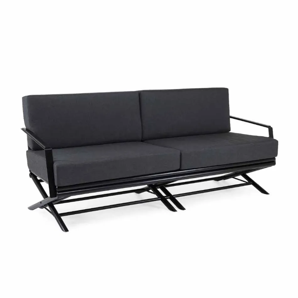 Sofá de exterior de 3 plazas en madera natural o tela negra y lujosa - Suzana Viadurini