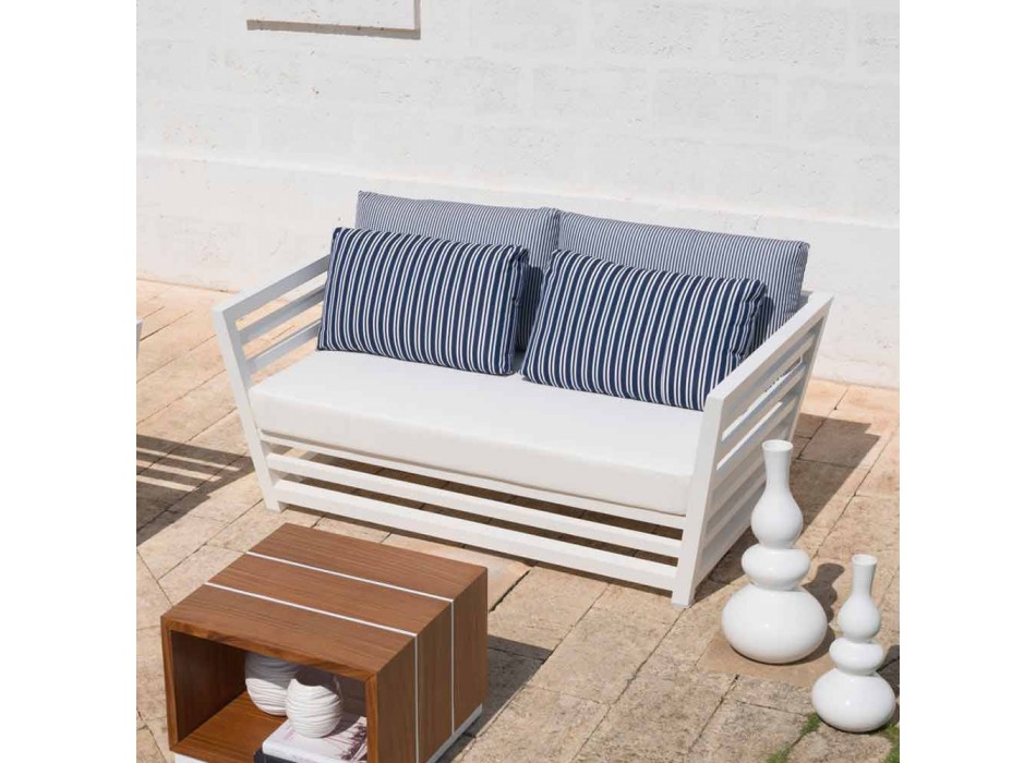 Sofá de jardín de 2 plazas en aluminio blanco o negro y cojines azules - Cynthia Viadurini