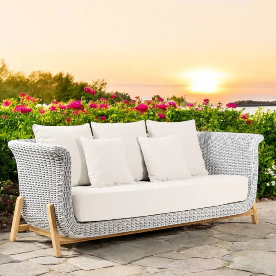 Sofá de jardín de 3 plazas de teca y tejido de cuerda - Arjuna Viadurini