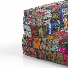 Sofá étnico acolchado de dos plazas en tela patchwork y madera - Fibra Viadurini