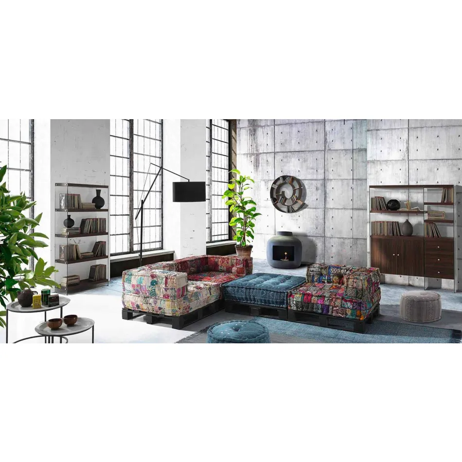 Sofá étnico acolchado de dos plazas en tela patchwork y madera - Fibra Viadurini