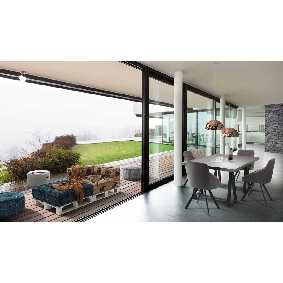 Sofá étnico acolchado de dos plazas en tela patchwork y madera - Fibra Viadurini