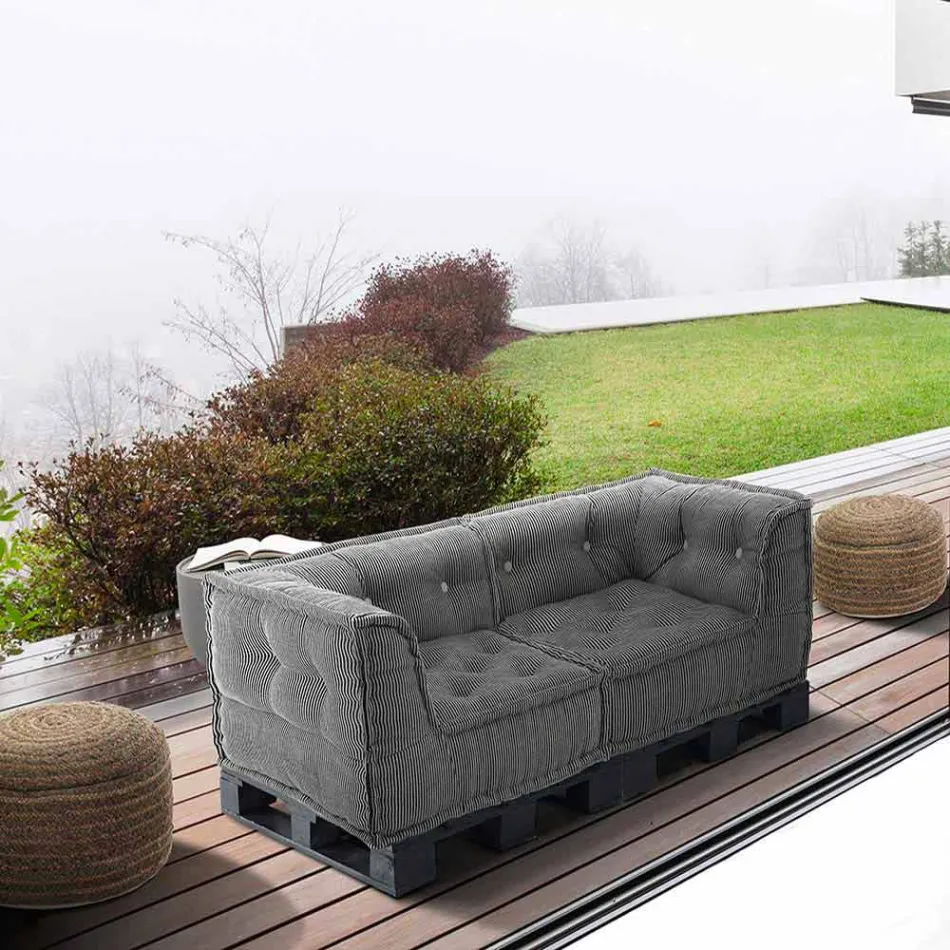 Sofá étnico acolchado de dos plazas en tela patchwork y madera - Fibra Viadurini