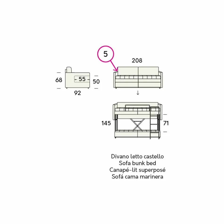 Sofá litera de diseño tapizado en tejido Made in Italy - Gretel Viadurini