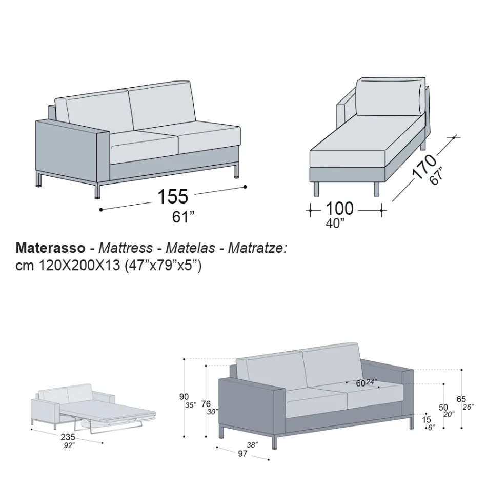 Sofá cama con península de metal y poliuretano Made in Italy - Folle Viadurini