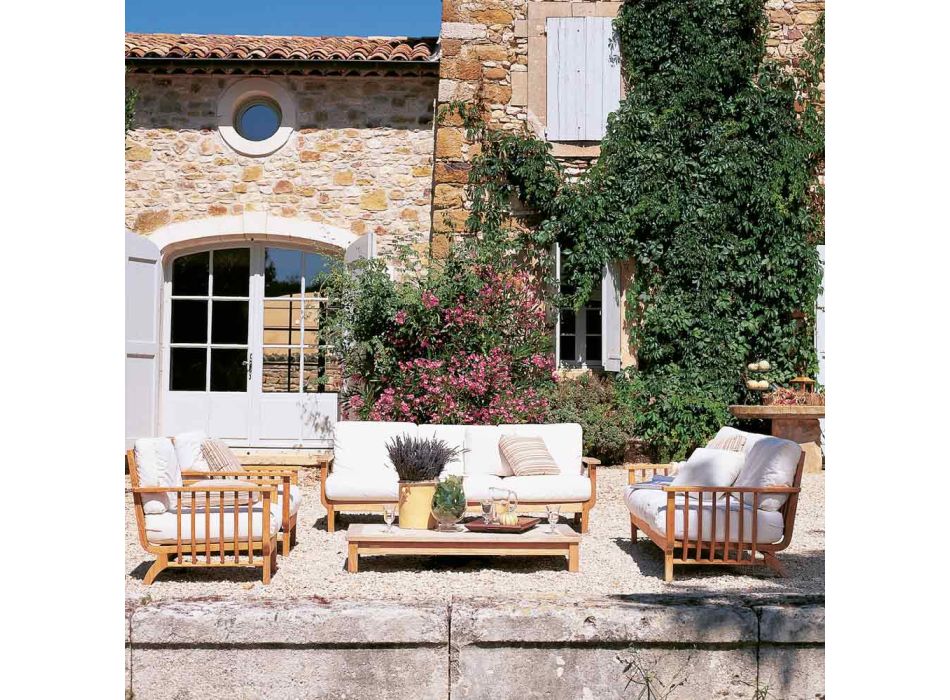 Sofá de exterior 2 o 3 plazas en teca Made in Italy con cojines - Sleepy Viadurini