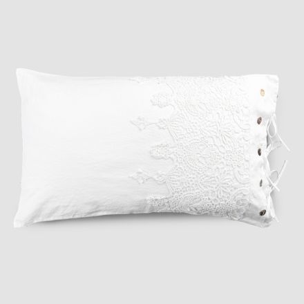 Funda de almohada de lino blanco con encaje, botones y lazos de almohada - Malone Viadurini