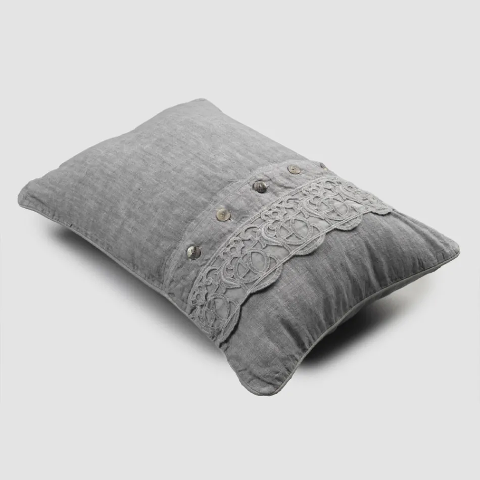 Funda de almohada de cama de lino gris con encaje italiano de lujo Sinergia - Stego Viadurini