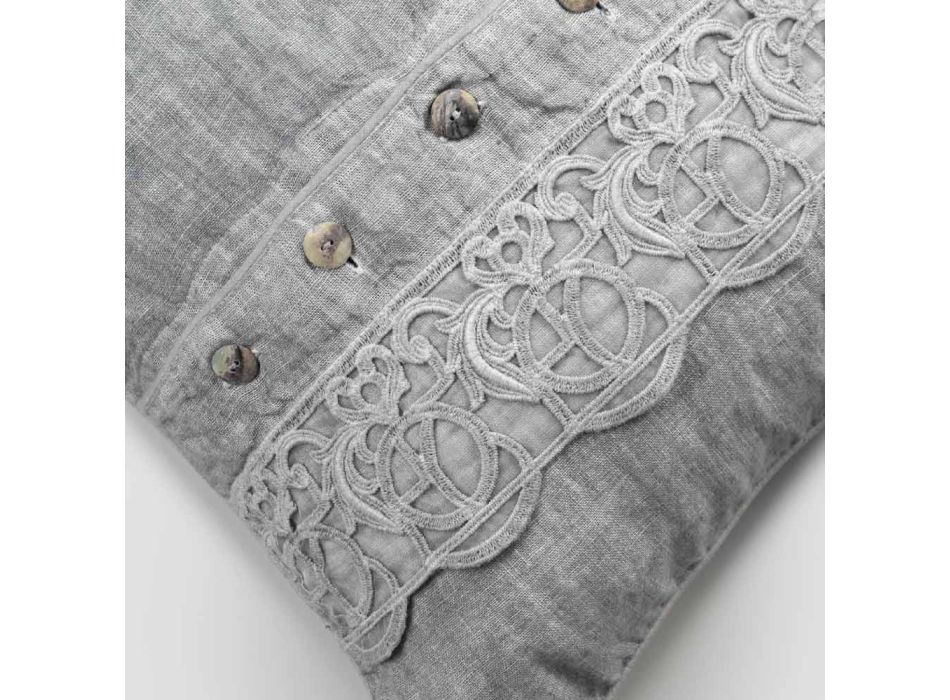 Funda de almohada de cama de lino gris con encaje italiano de lujo Sinergia - Stego Viadurini