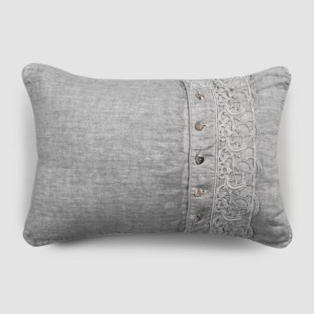 Cojines de cama Funda de almohada de lino gris con encaje italiano de lujo Synergy - Stego Viadurini