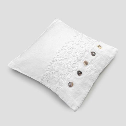 Funda de almohada cuadrada blanca con encaje y botones de lujo italianos - Logos Viadurini