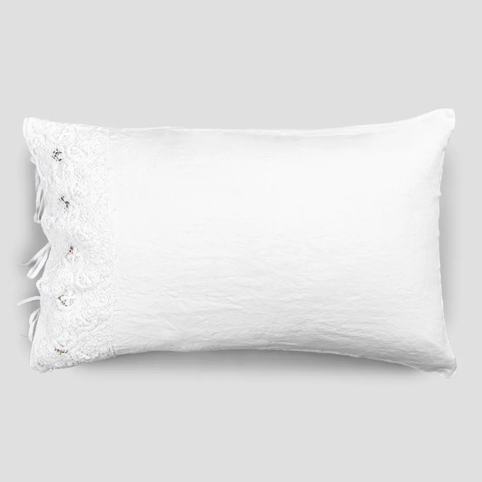 Funda de Almohada de Lino con Encaje Blanco para Cama de Diseño de Lujo Made in Italy - Kiss Viadurini