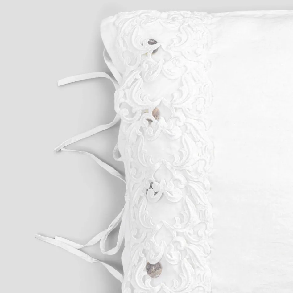 Funda de Almohada de Lino con Encaje Blanco para Cama de Diseño de Lujo Made in Italy - Kiss Viadurini