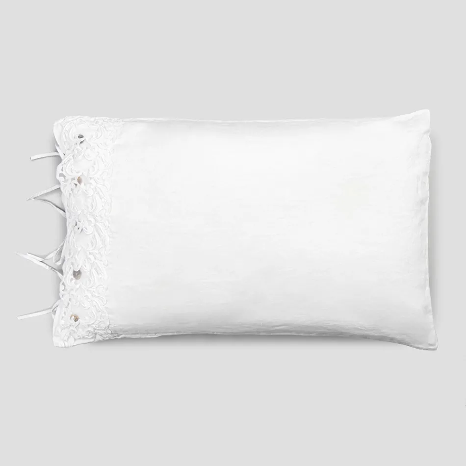 Funda de Almohada de Lino con Encaje Blanco para Cama de Diseño de Lujo Made in Italy - Kiss Viadurini