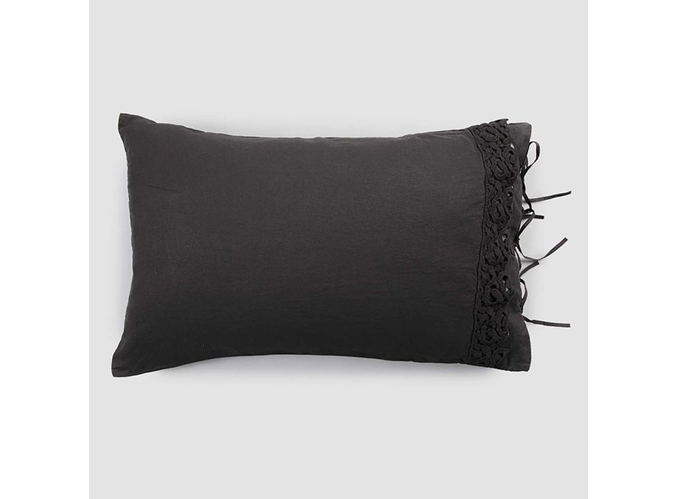 Funda de almohada de lino con encaje Poema y cordones mantequilla o negros Made in Italy - Masone Viadurini