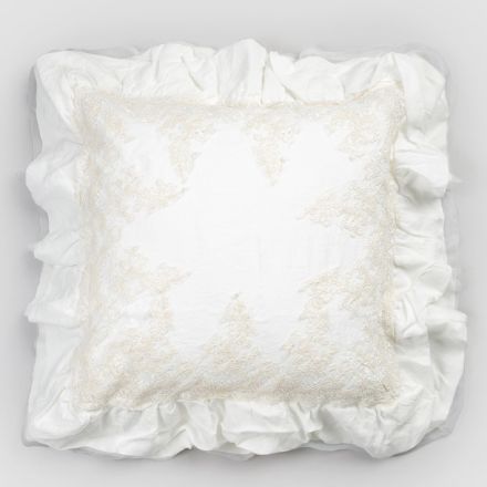 Funda de almohada cuadrada de lino blanco con puntilla decorativa en los bordes y volantes - Priscilla Viadurini