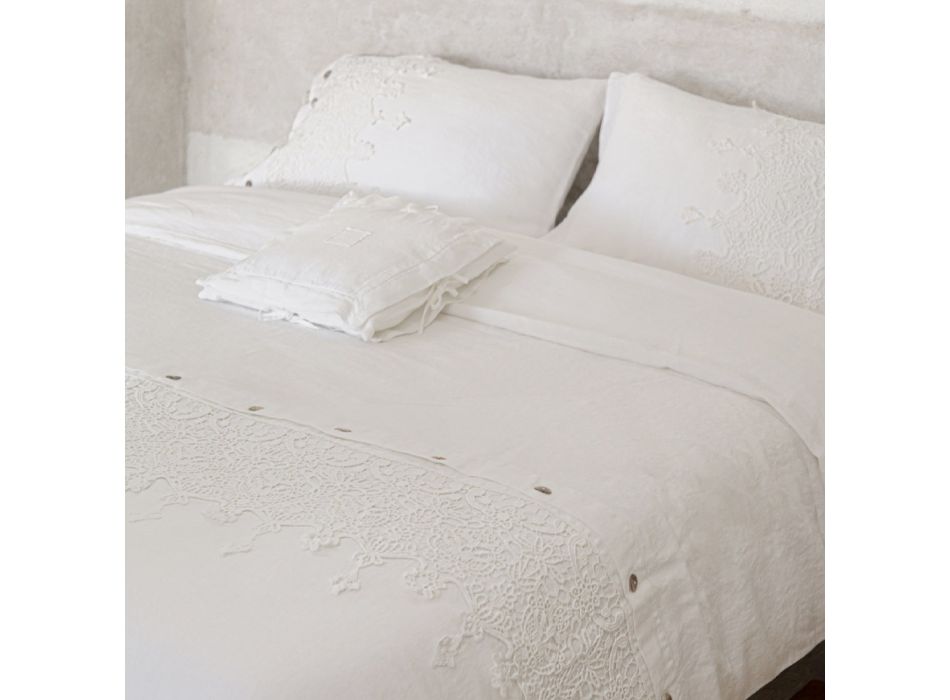 Funda de almohada cuadrada de lino pesado blanco y encajes Made in Italy - Matero Viadurini