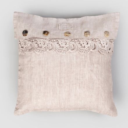Funda de almohada cuadrada de lino polvoriento o espalda con botones y encaje Armonia - Logos Viadurini
