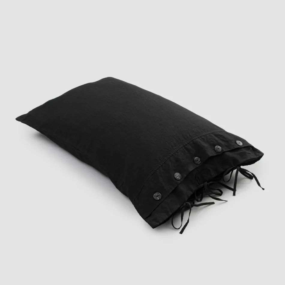 Funda de Almohada de Cama Rectangular de Lino Blanco o Negro con Botones y Cordones - Agora Viadurini