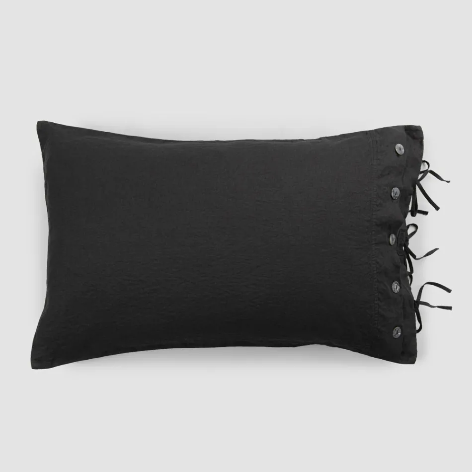 Funda de Almohada de Cama Rectangular de Lino Blanco o Negro con Botones y Cordones - Agora Viadurini