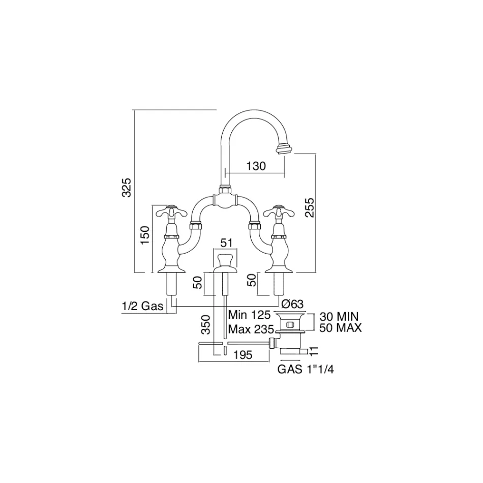 Grupo mezclador vintage para lavabo puente en latón Made in Italy - Klarisa Viadurini