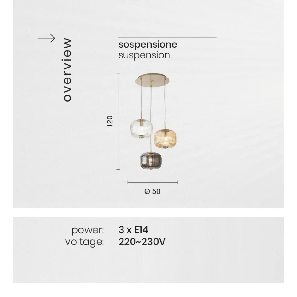 Lámpara de suspensión 3 luces en vidrio soplado coloreado y metal - Trissa Viadurini