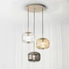 Lámpara de suspensión 3 luces en vidrio soplado coloreado y metal - Trissa Viadurini