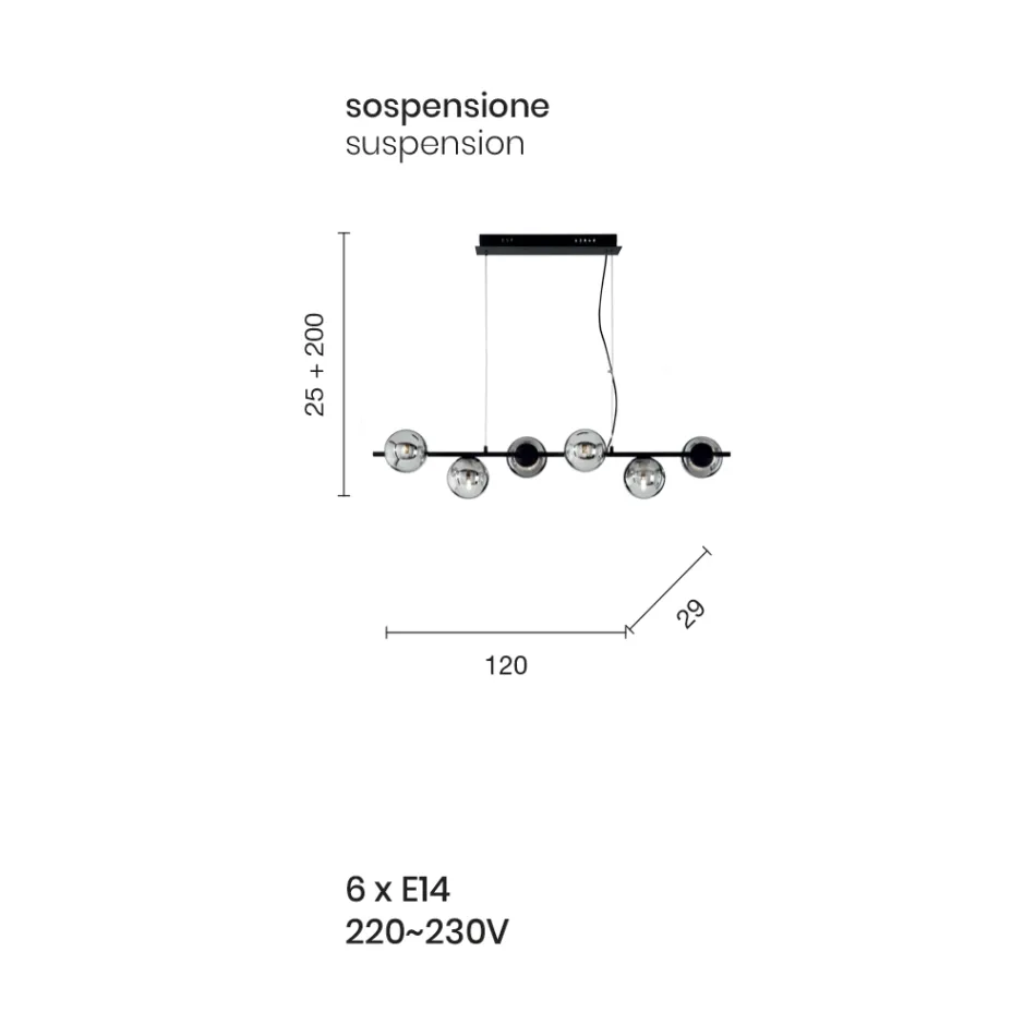Lámpara de suspensión con 6 luces en metal y vidrio soplado moderno - Birga Viadurini